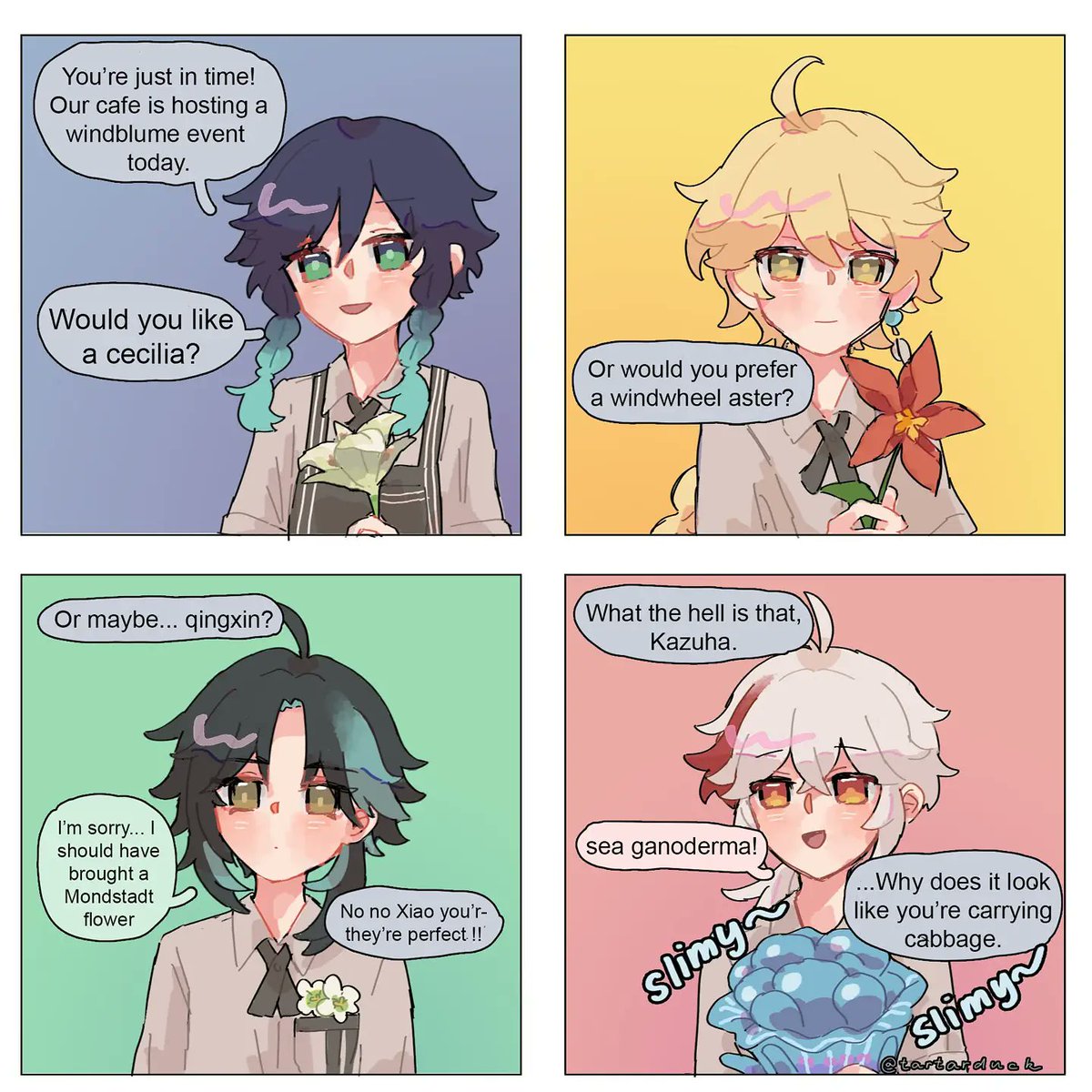 [cafe windblume part 2]
what's your windblume? the cafe holds a special flower-themed event (and aether shows his face) 
