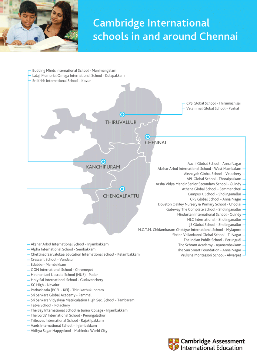 We are delighted to share that you can find a Cambridge International  school in all major districts in the state of Tamil Nadu (including  Chennai). Click below on the individual maps to