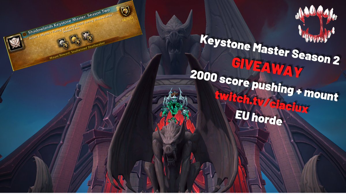 ‼️GIVEAWAY‼️
Keystone Master season 2 achievement!
2000 rating push + mount + max valor upgrades unlock
HORDE EU only

How to enter
✅Follow
❤️Like
🔁Retweet
gleam.io/h9Lpw/ciaciuxs…
Follow the gleam link for more entries and chances