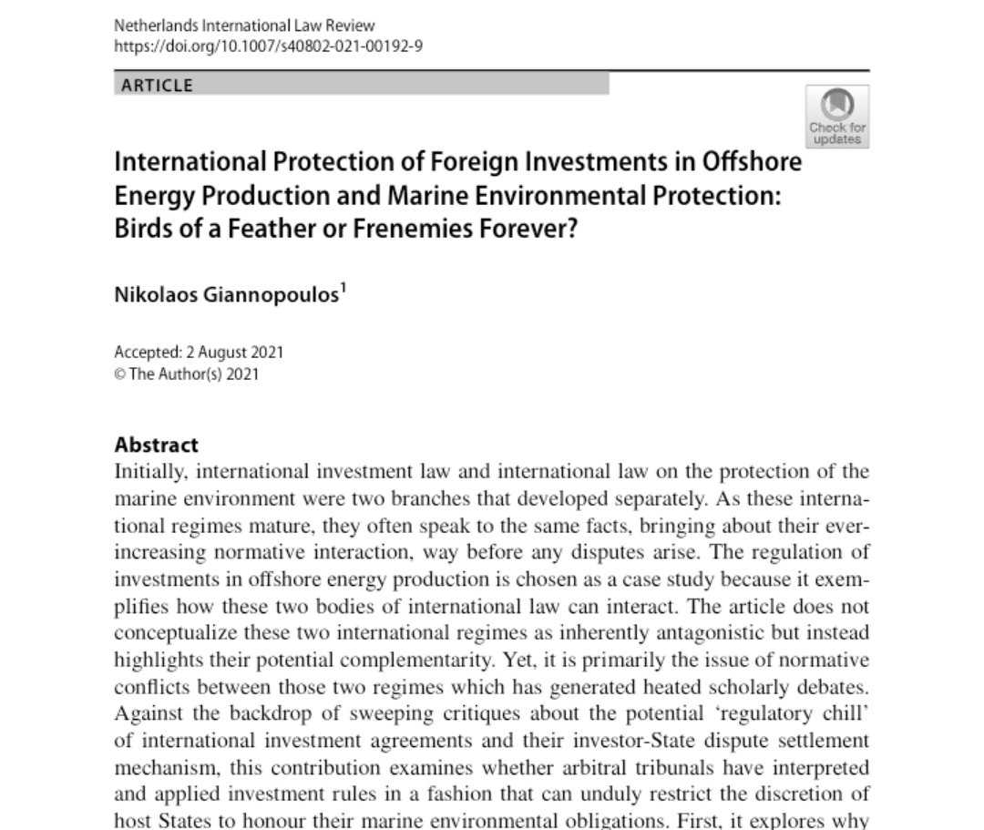 gianikolas1's tweet photo. Happy to share my latest article on normative interactions between international investment and marine environmental protection law, published with @SpringerNature in the latest issue of #NILR. Available open access: https://t.co/Lo1u8KMhtV  #OffshoreEnergy #CleanEnergyTransition https://t.co/8tZdVDR8AU