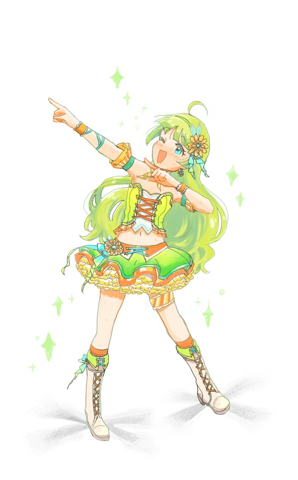 1girl solo green hair skirt one eye closed boots long hair  illustration images