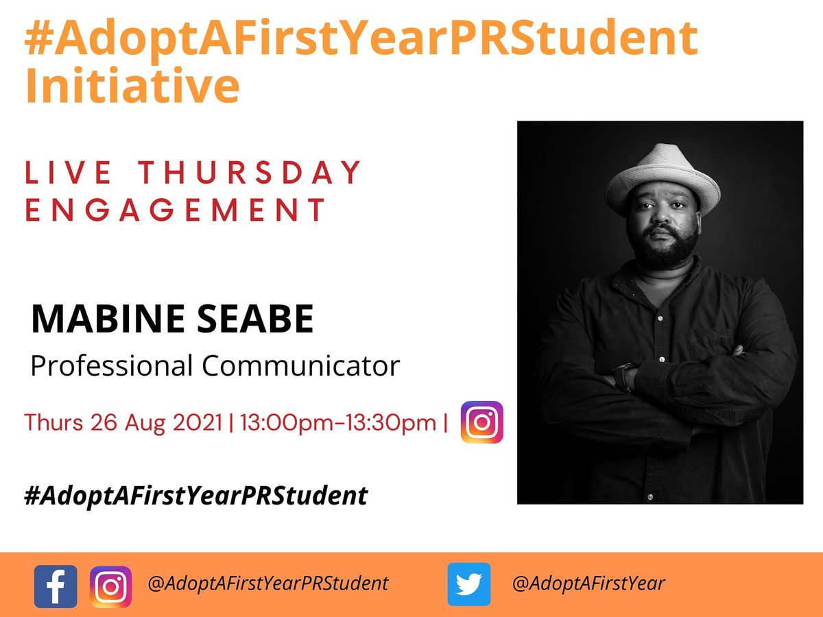AdoptAFirstYear's tweet photo. We are super excited to engage with our guest, a Professional Communicator @Mabine_Seabe 😊 Not to be missed! 😉
#AdoptAFirstYearPRStudent https://t.co/tH1XSDlwJG