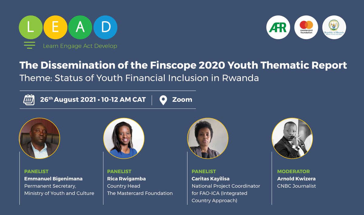 The Dissemination of the Finscope 2020 Youth Thematic report is tomorrow at 10 a.m  Kigali time. 

Don't miss out!

For  registration: us02web.zoom.us/j/81253585063 

#FinancialInclusion  #IYD2021