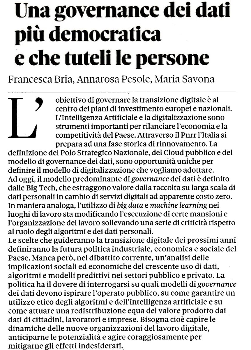 Transizione #digitale
🗞️ "Una governance dei dati più democratica e che tuteli le persone" <a href="/francesca_bria/">Francesca Bria (@francescabria.bsky.social)</a> <a href="/maria_savona/">Maria Savona</a> su <a href="/sole24ore/">IlSole24ORE</a> 

#BigData #MachineLearning <a href="/MinLavoro/">Ministero Lavoro</a> <a href="/lucadebiase/">Luca De Biase</a> <a href="/giulicast/">Giuliano Castigliego</a> <a href="/emibaldacci/">emanuele baldacci</a> @laprofrinaldi
<a href="/a_presbitero/">Andrea Presbitero</a> <a href="/martafana/">Marta Fana</a> <a href="/albertobisin/">alberto bisin</a>