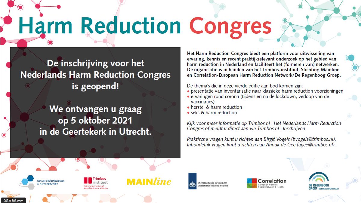 The Dutch Harm Reduction Congress will take place at Geertekerk in Utrecht on 5th October and the registrations are now open! 🛑 The event is in Dutch. Read more: buff.ly/37TaRVH
<a href="/Trimbos_Intl/">Trimbos International</a> #MAINline @Regenboog020 #CEHRN #HarmReduction