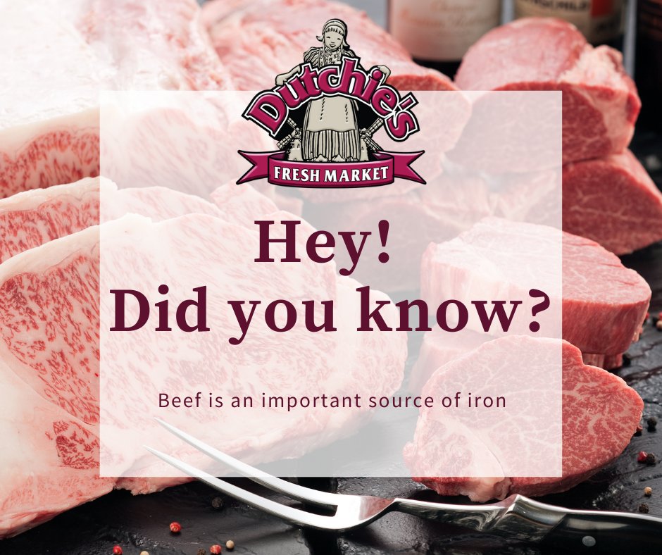 DutchiesMarket's tweet photo. 🥩 #Beef is one of the most important dietary sources of #iron. To obtain the same amount of iron found in a 3-ounce serving of beef, you’d have to eat at least 3 cups of raw #spinach.

#dutchies #funfacts #dutchiesfreshmarket #kwarea https://t.co/oR2NFFuk1p