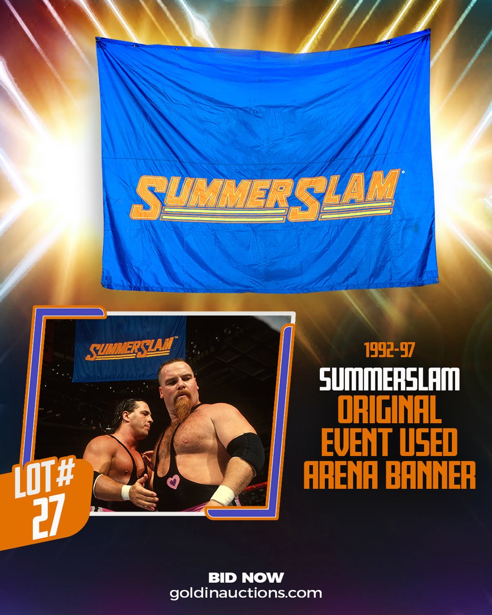 WWE's tweet image. In honor of #SummerSlam, @GoldinAuctions is giving you a chance to bring home an original event used banner! Bid here: ms.spr.ly/6013nCGCJ