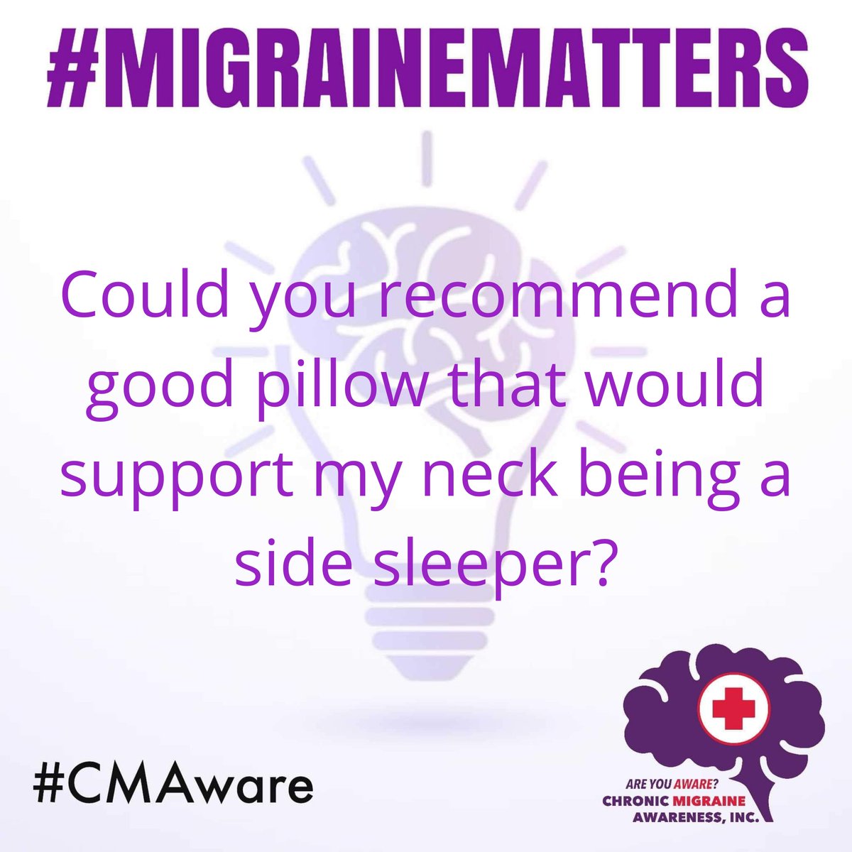 CMAware's tweet photo. #MemberQuestionOfTheDay #QOTD #MigraineMatters #CMAware #NotAlone  
Could you recommend a good pillow that would support my neck being a side sleeper? https://t.co/Hp4oyGXPzB