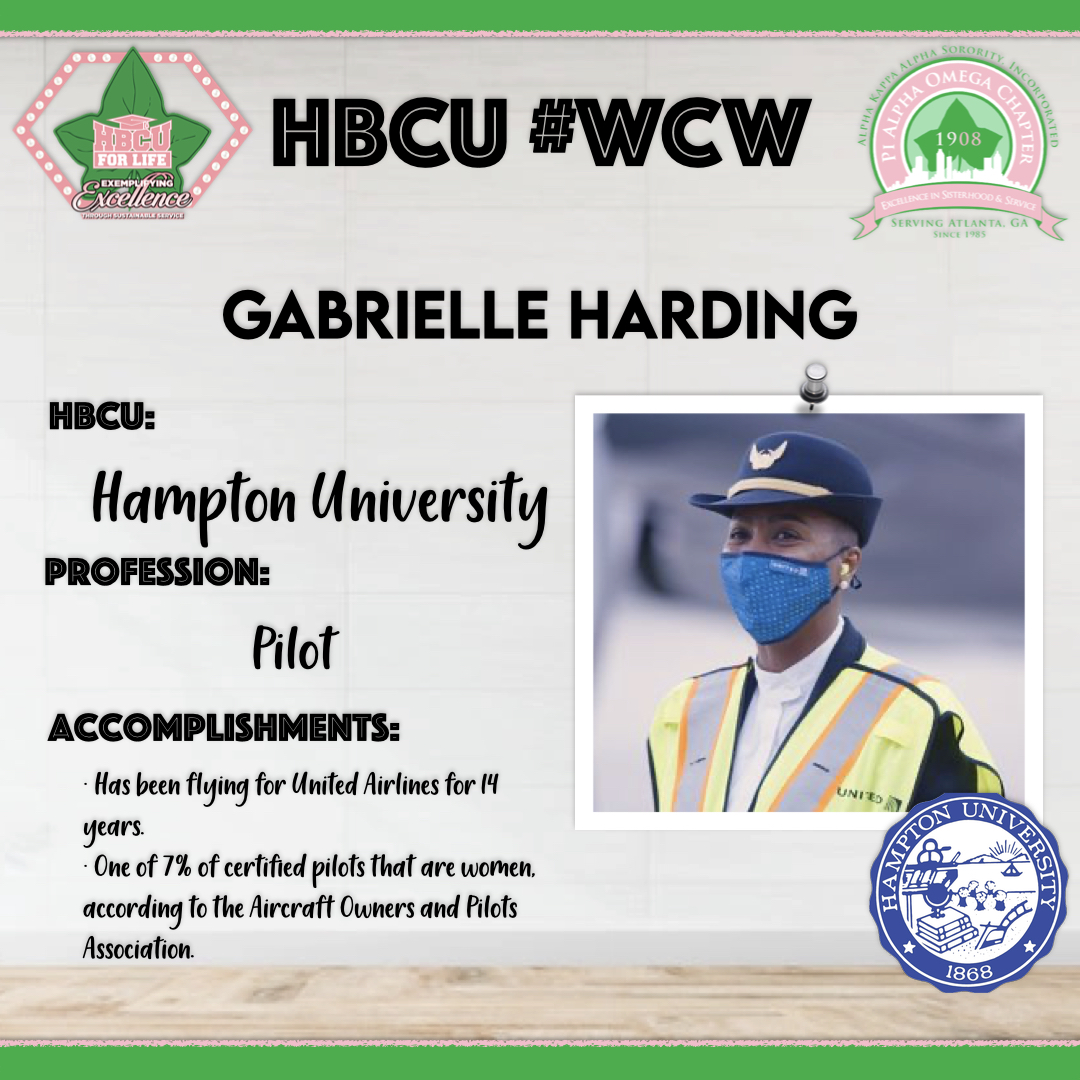 PiAlphaOmega85's tweet photo. @PiAlphaOmega85 HBCU for Life Program Committee presents "HBCU Women Crush Wednesdays" (WCW). Today's #WCW is Gabrielle Harding, a graduate of @_HamptonU and Pilot for @united Airlines. Many HBCUs offer degrees in Aviation Studies!  #HBCUsforLife #HBCUImpactDay #AKA #PAOForward https://t.co/64Lt0Vo06K