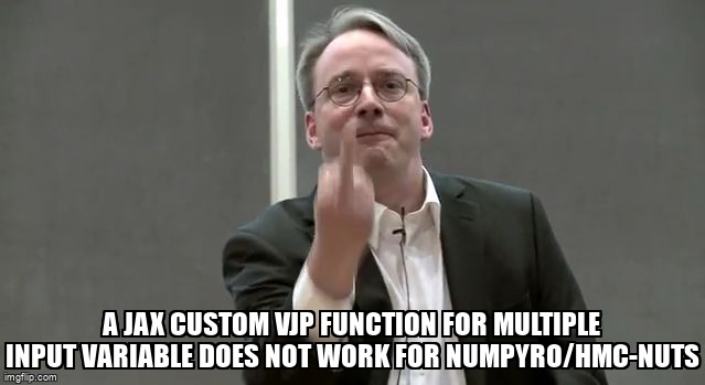 overflow_meme's tweet image. A JAX custom VJP function for multiple input variable does not work for NumPyro/HMC-NUTS stackoverflow.com/questions/6568… #numpyro #jax #pyroai #python