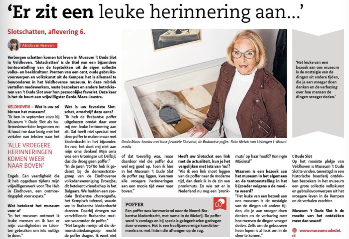 Wie kent ‘m nog, de Brabantse poffer? Dit bijzondere hoofddeksel is Gerda’s favoriete Slotschat! Lees het interview: veldhovensweekblad.nl/reader/74862#p…
#Veldhoven #museum #museumoudeslot #erfgoed #volkskunst #Brabant #Kempen 📸 <a href="/melvinvL/">Melvin</a>