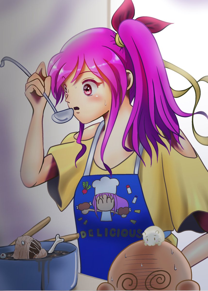 1girl apron cooking pink hair blush side ponytail purple hair  illustration images