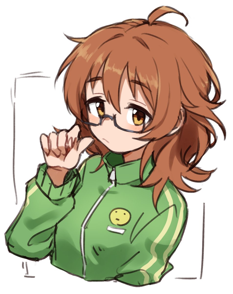 1girl glasses solo messy hair jacket brown hair brown eyes  illustration images