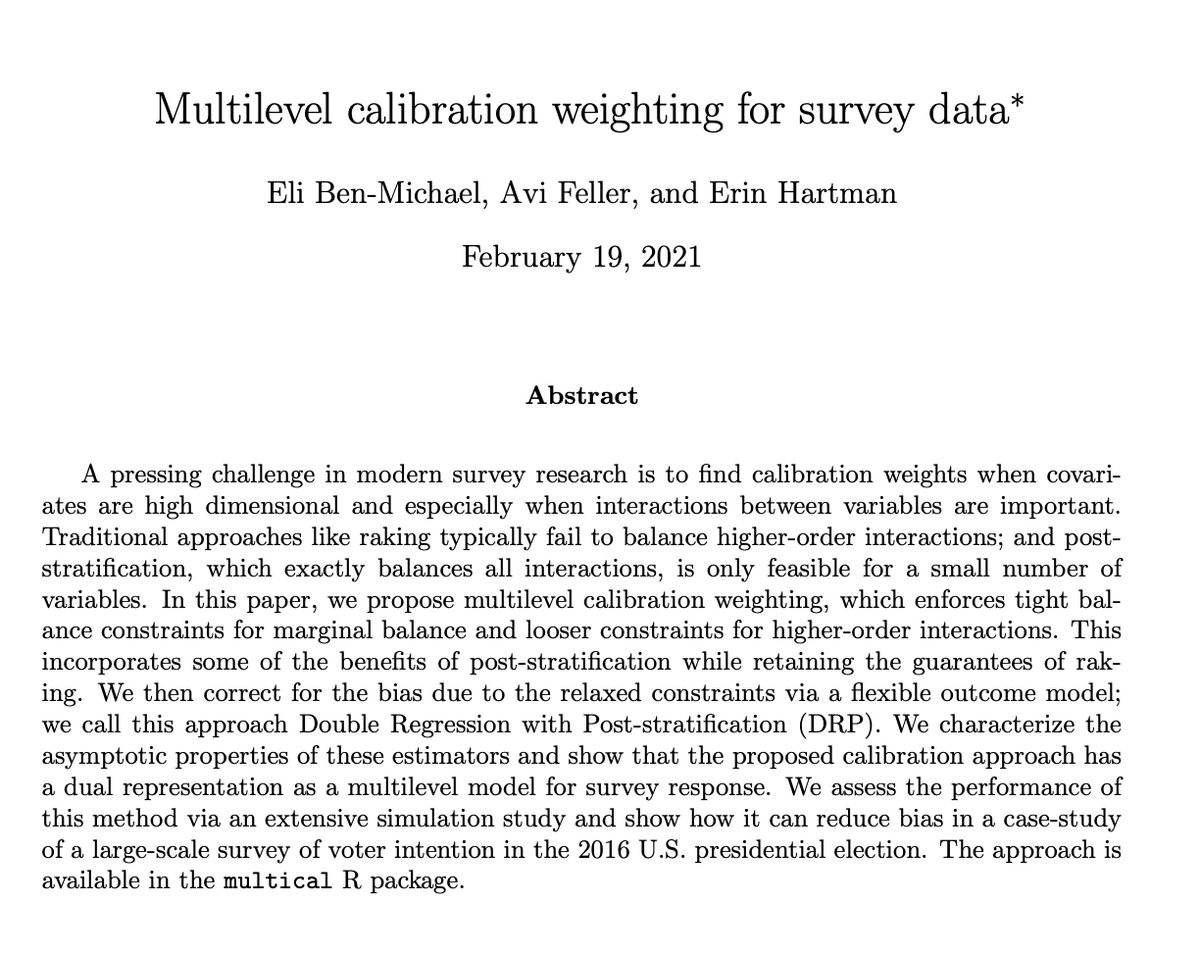 A little late, but, as promised, this paper, by @AviFeller @EliBenMichael, & (the Twitterless) Erin Hartman deserves a 🧵 all of its own. Like Erin's other work in survey world, it's about embracing modern statistical tooling to replace existing practice arxiv.org/abs/2102.09052