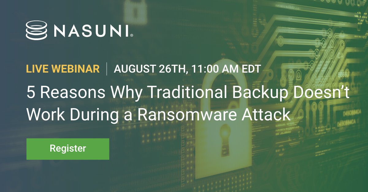 Nasuni's tweet image. Tomorrow! Watch security experts discuss the limitations of traditional backup when it comes to #ransomware and how modern cloud solutions are filling the gap. Don&apos;t miss out, register here: bit.ly/3jeaRWP