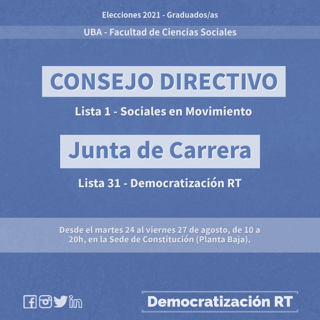 DemocratizaRT's tweet photo. 👉 ¡Acompañanos con tu voto!
✅ Lista 31 en Junta de Carrera
✅ Lista 1 en Consejo Directivo
📍 ¿Dónde y cuándo se vota?
La elección se realizará de forma presencial desde el martes 24/8 al viernes 27/8, de 10 a 20 h, en la Sede de Consti. Se ingresa por Sgo del Estero 1029. https://t.co/CdBj80PMiZ