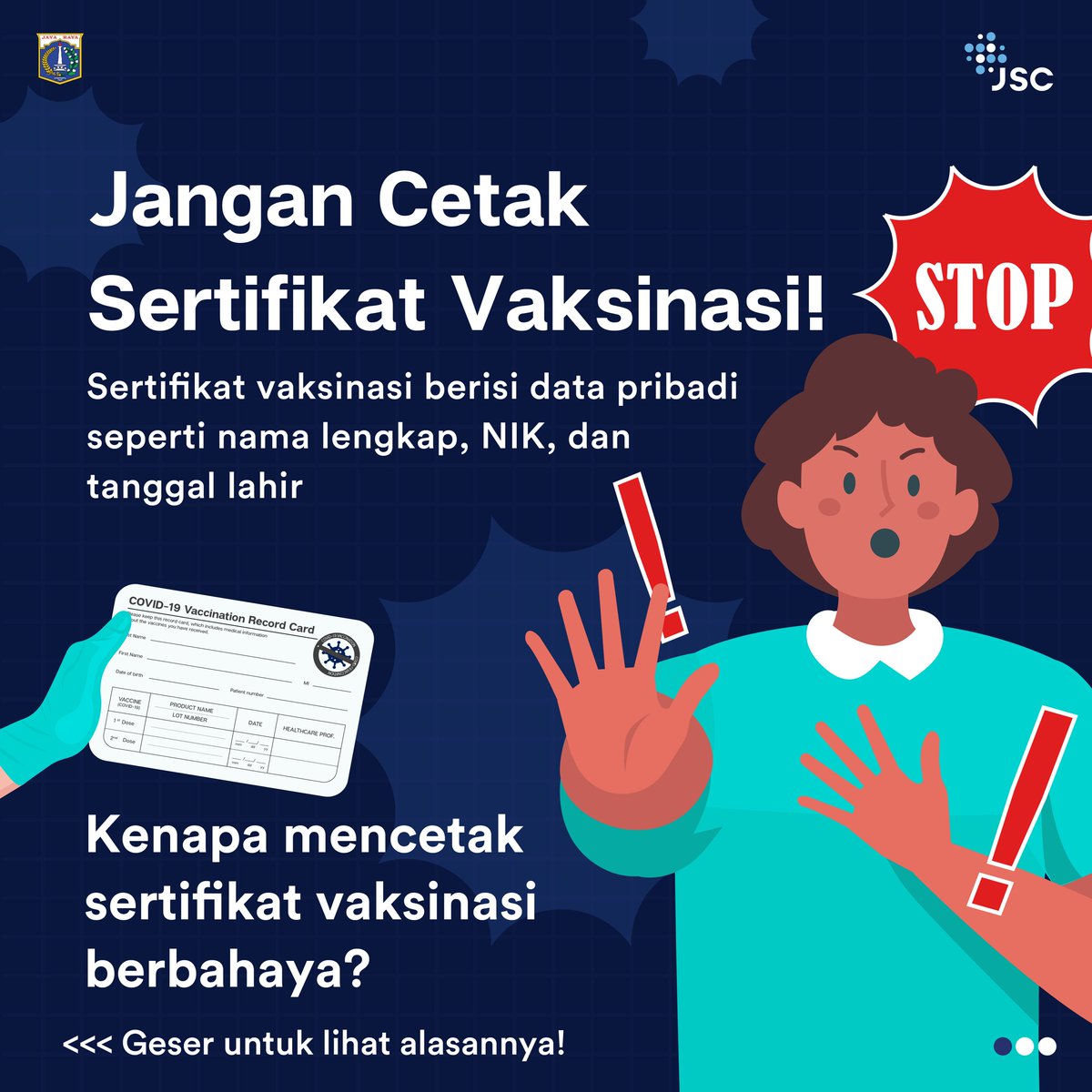 jkt_smartcity's tweet photo. Saat ini jasa cetak sertifikat vaksinasi marak dilakukan oleh warga.

Ternyata hal tersebut berbahaya, lho!

Biar lebih aman kamu bisa tunjukkan Status Vaksinasi Digital melalui JAKI dengan unduh aplikasi JAKI melalui tautan https://t.co/5Eoj8tbE5l.

#JakartaSmartCity https://t.co/JEQJMS344G