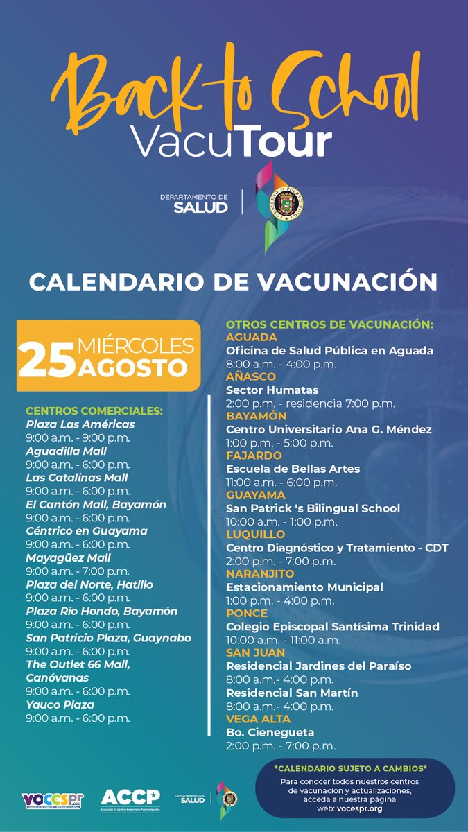 vocespuertorico's tweet photo. Calendario de centros de vacunación Miércoles 25 de agosto de 2021.  Te esperamos para completar tu serie de vacunación. ¡Sin Citas!

#VacuTour #VocesPR #VacúnatePorPR
#ProtégeteVacúnate #VocesPorPR #COVID19 https://t.co/WfM6QOFnBS