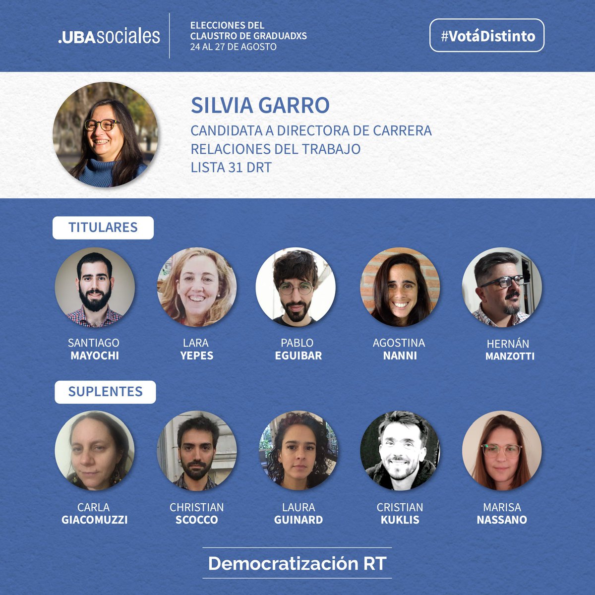 DemocratizaRT's tweet photo. - Votá Lista 1 en Consejo Directivo, y llevá a nuestra candidata Tamara Perelmuter de Sociales Interclaustros para sumar nuevas voces en Fsoc. 
- Votá Lista 31 en Junta de Carrera, y acompañá a Silvia a la dirección y a nuestros/as candidatos/as graduados/as por DRT https://t.co/MXvzA7LqjA
