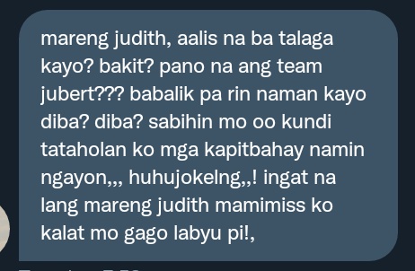 leiggghhh_'s tweet photo. SA TINGIN NIYO KAYANG UMALIS NI JUDITH DIMAKARAOS KUNG GANITO KAYO!!?? AY MGA MARE HINDI NA AKO MAGKAKALAT DAHIL PINAIYAK NIYO AKO KAGABI AT TODEI. ANG SABI KO WALANG MAG-IIYAKAN EH!!! #FewMoreDays #HappyLang https://t.co/H3PdDykTny