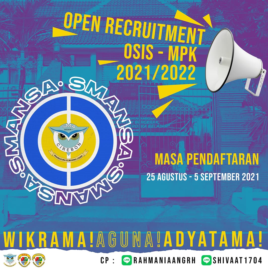 Halo, warga SMANSA!!
Untuk kalian siswa/i kelas X dan XI SMAN 1 Cirebon, bisa ikut mendaftar kepengurusan OSIS/MPK Periode 2021/2022! E-Form sudah tersedia di bio! Kami tunggu!!