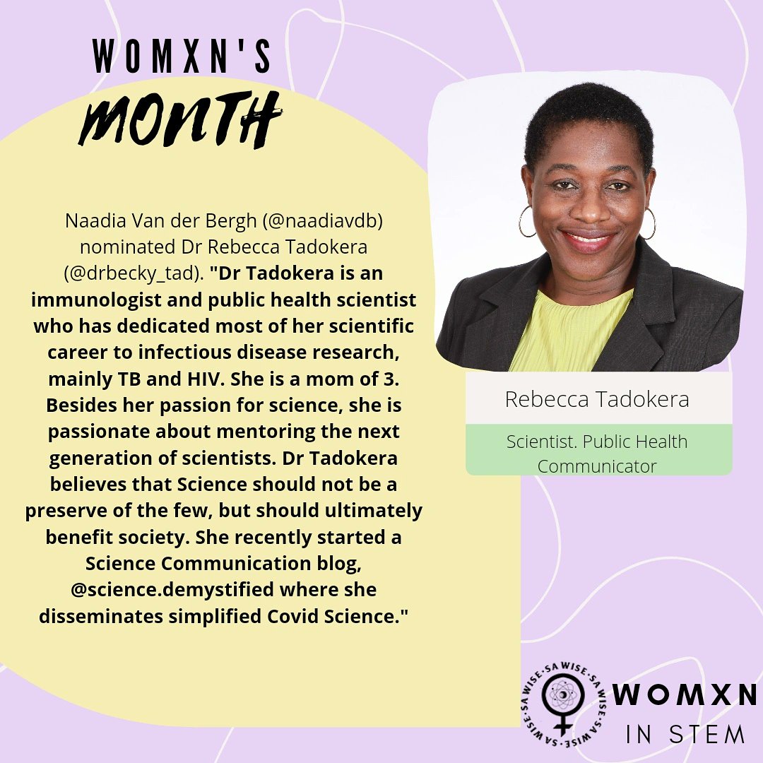 The_SAWISE's tweet photo. Dr Rebecca Tadokera was nominated by Naadia Van Der Berg! Dr Tadokera has a science comm page @science.demystified (on Instagram), go check it out! 🙌
#sawise #womeninstem #womxninstem #scicomm #sciencecommunication #mentorship https://t.co/HIMYX0ZMiQ