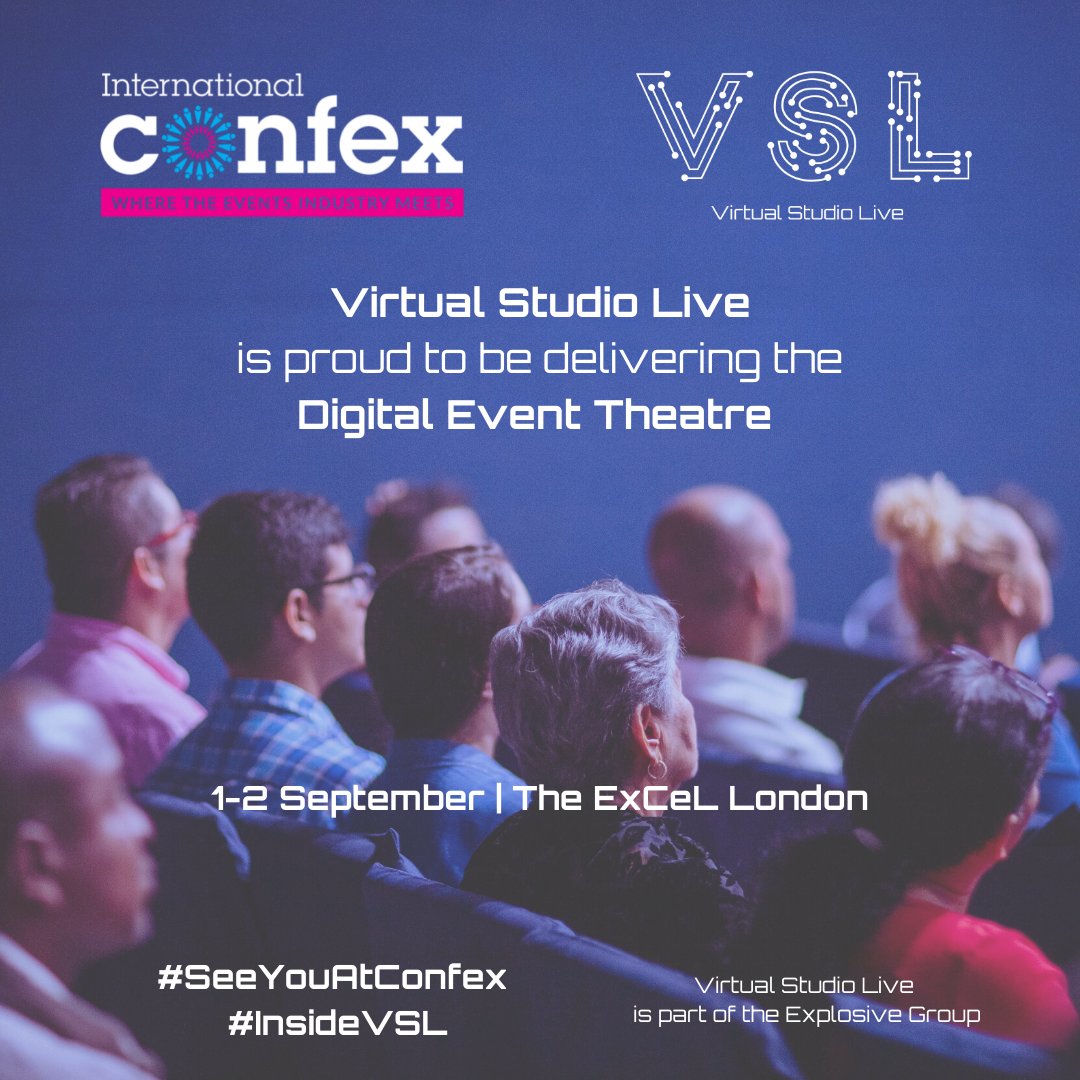 vslstudiolive's tweet photo. Virtual Studio Live (@vslstudiolive) are show partners for the 'Digital Event Theatre' at International Confex on the 1st and 2nd September at the ExCeL London.
@IntlConfex @ExplosiveGrp
#eventprofs #insidevsl #seeyouatconfex #eventindustry #wemakeevents https://t.co/3GVLam4J82