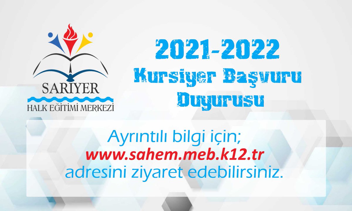 Kursiyer Başvuru Duyurusu
2021-2022 Eğitim Öğretim Yılında açılması planlanan kurslarımız için kursiyer başvurusu yapabilirsiniz. 
sahem.meb.k12.tr adresinde yer alan Online Kurs Kayıtları bağlantısından kurslarımıza başvuru yapabilrisiniz.