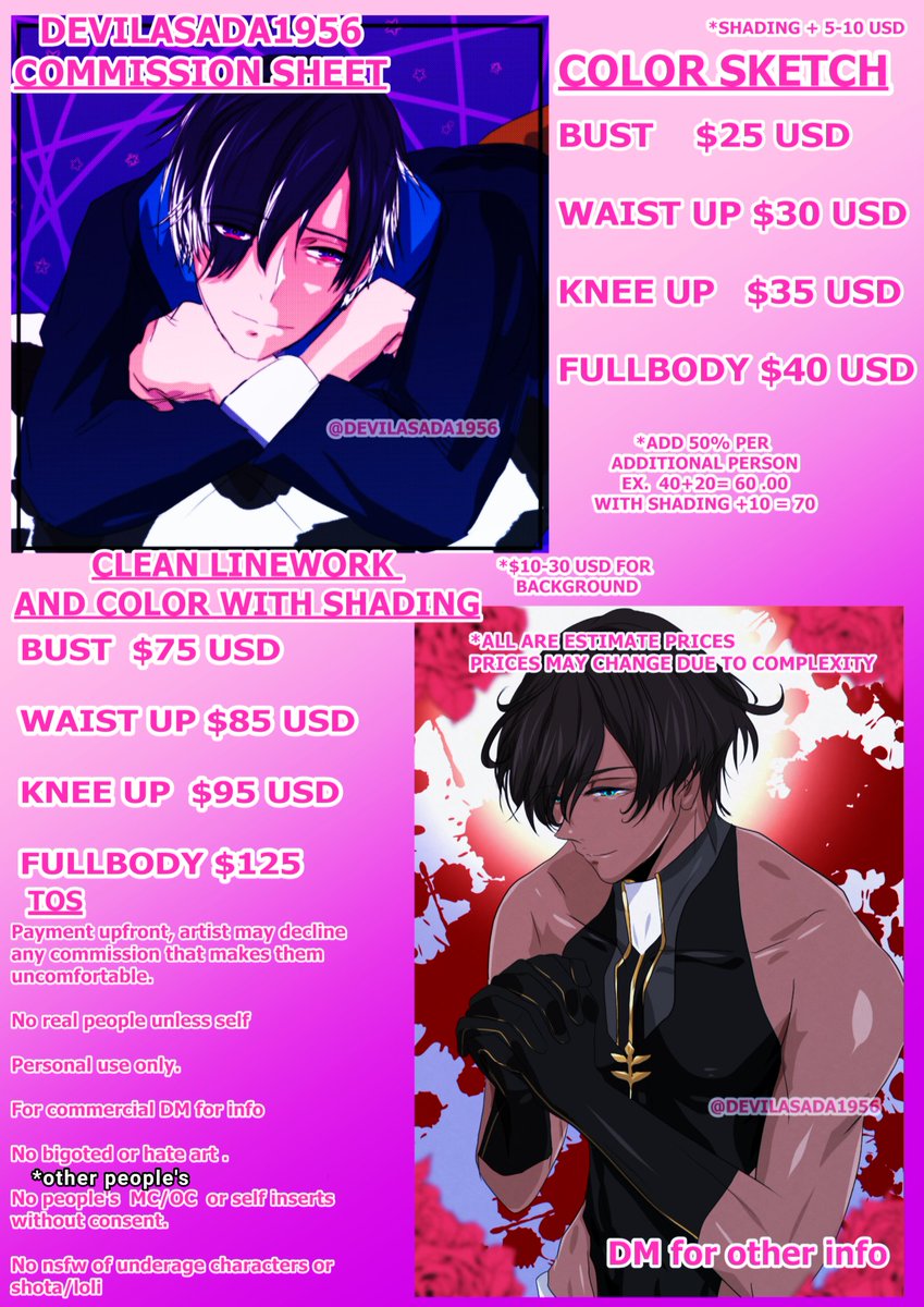 DevilAsada1956's tweet image. Open commissions 😁💖
Sorry had to rush it.
Again these are estimates can be lower or higher depending on complexity. DM if have questions.
Rt appreciated. 💖