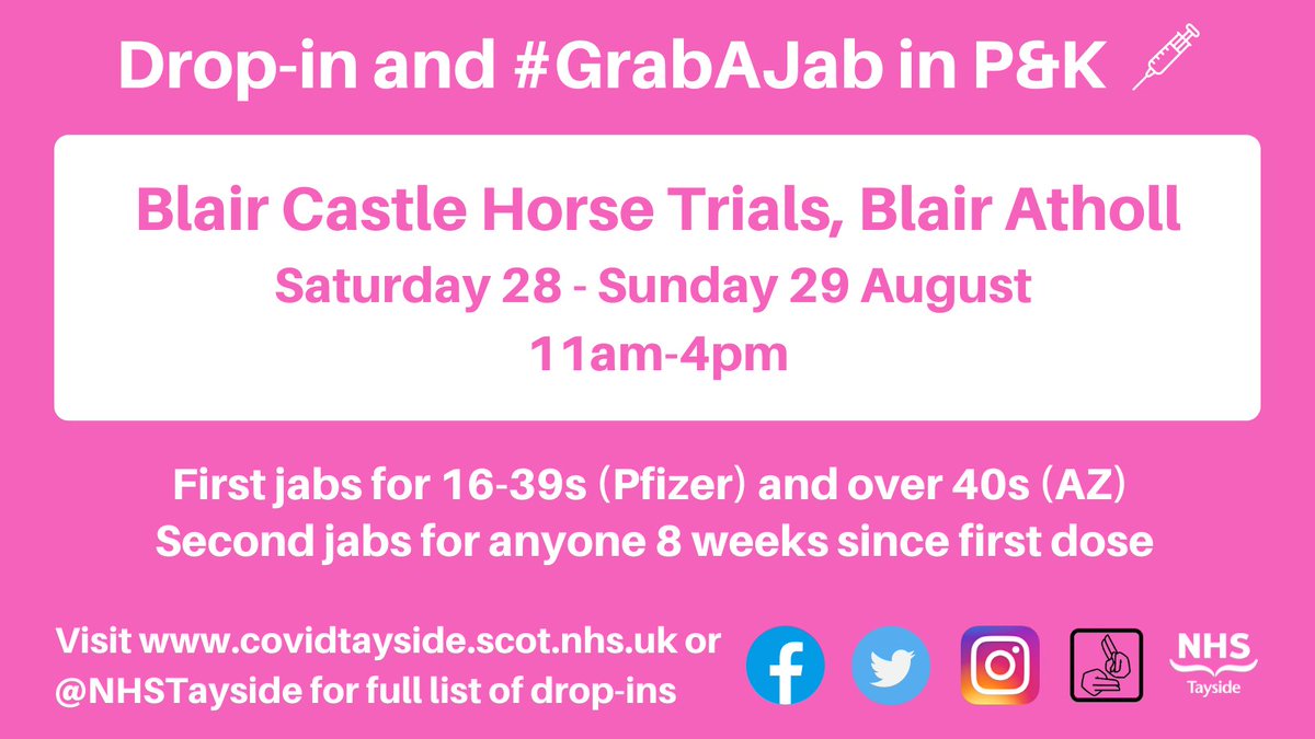 #GrabAJab at our pop-up clinics in P&amp;K this week! 

Drop in for 1st Pfizer jabs (16-39), 1st AstraZeneca jabs (40+) and 2nd jabs for anyone 8+ weeks since their first dose.

Our usual drop-ins will also continue at our vaccination centres. Full details at covidtayside.scot.nhs.uk