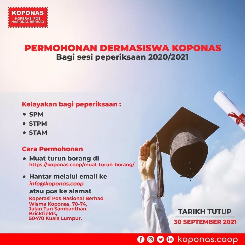 Koperasi Pos Nasional Berhad على تويتر Permohonan Dermasiswa Kepada Anak Anak Anggota Koponas Bagi Sesi Peperiksaan 2020 2021 Permohonan Tamat Pada 30 September 2021 Peperiksaan Yang Layak Dimohon Spm Stpm Stam
