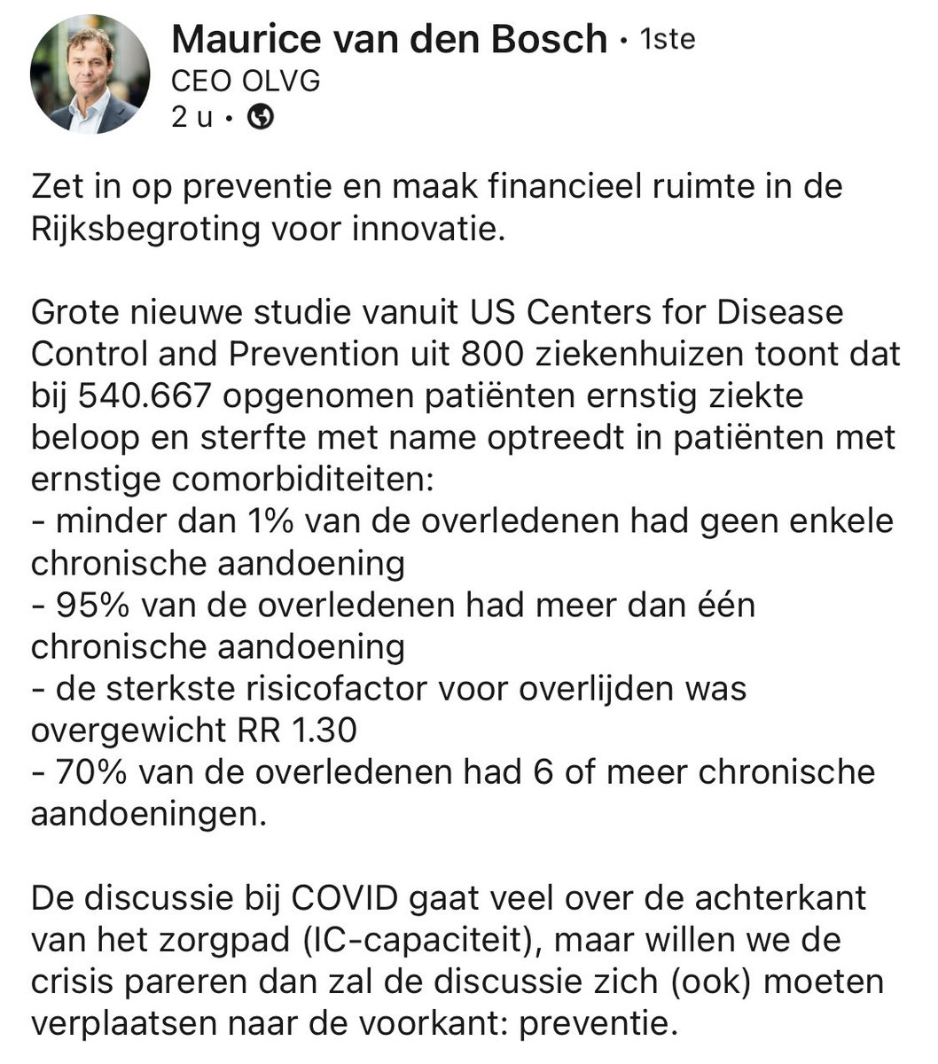 mariannezw's tweet image. Wat @MauricevdBosch zegt.

Mensen gaan niet dood aan corona. Ze gaan dood aan een ongezonde leefstijl. Zullen we daar nu eindelijk eens wat aan gaan doen? (Of niet, maar dan de consequenties accepteren) linkedin.com/posts/mauricev…