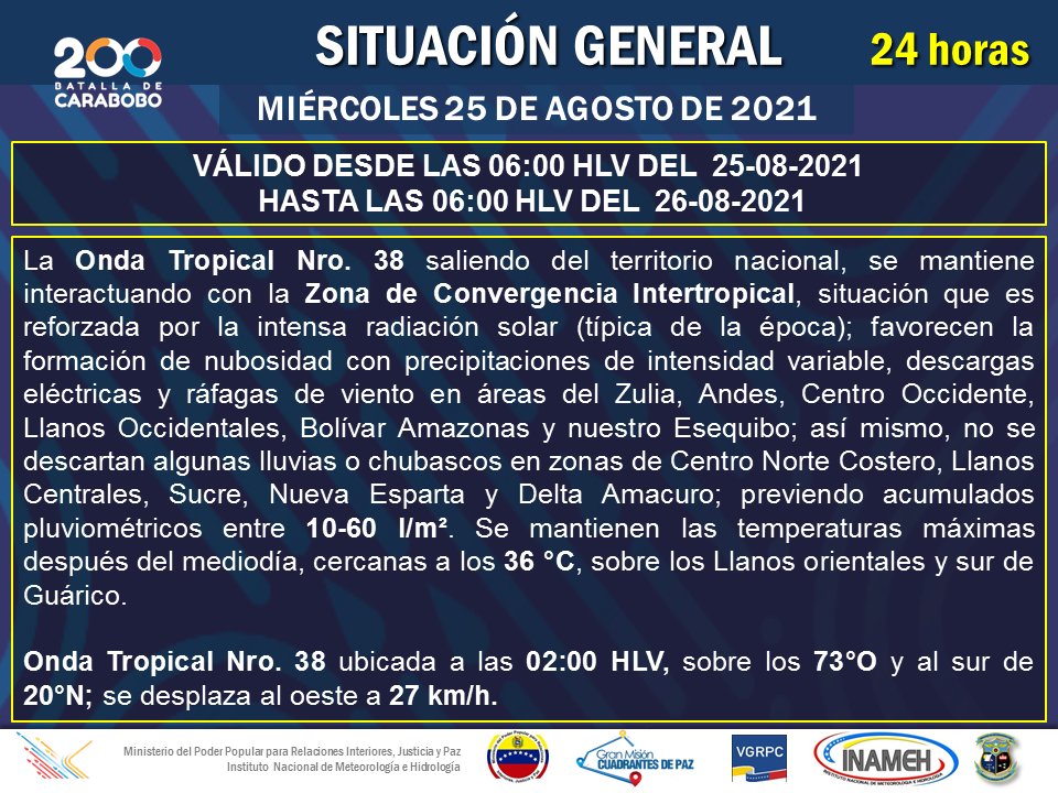 #25Ago #INAMEHInforma Condiciones Meteorológicas próximas 24 Horas #Reporte de las 06:00 HLV #PlanDeLluvias2021 #FelizMiércoles