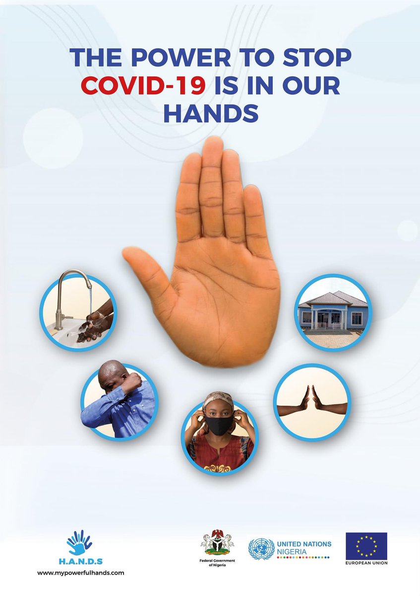 H.A.N.D.S. to prevent the spread of #COVID19Nigeria 

H- Have your hands washed or sanitised frequently
A- Always cough/sneeze into your elbow
N- No going out without a facemask
D- Distance of at least 2 arms length
S- Stay indoors and self-isolate when sick
@nighealthwatch