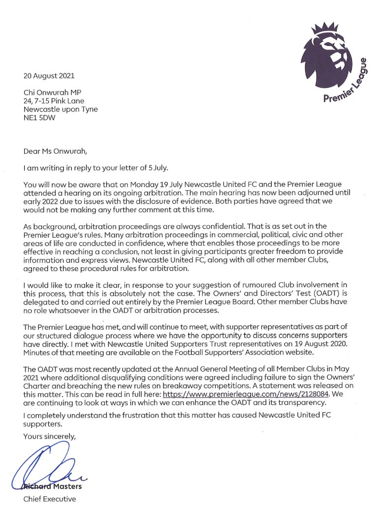 Richard Masters latest letter to <a href="/ChiOnwurah/">Chi Onwurah 💙</a> #NUFC