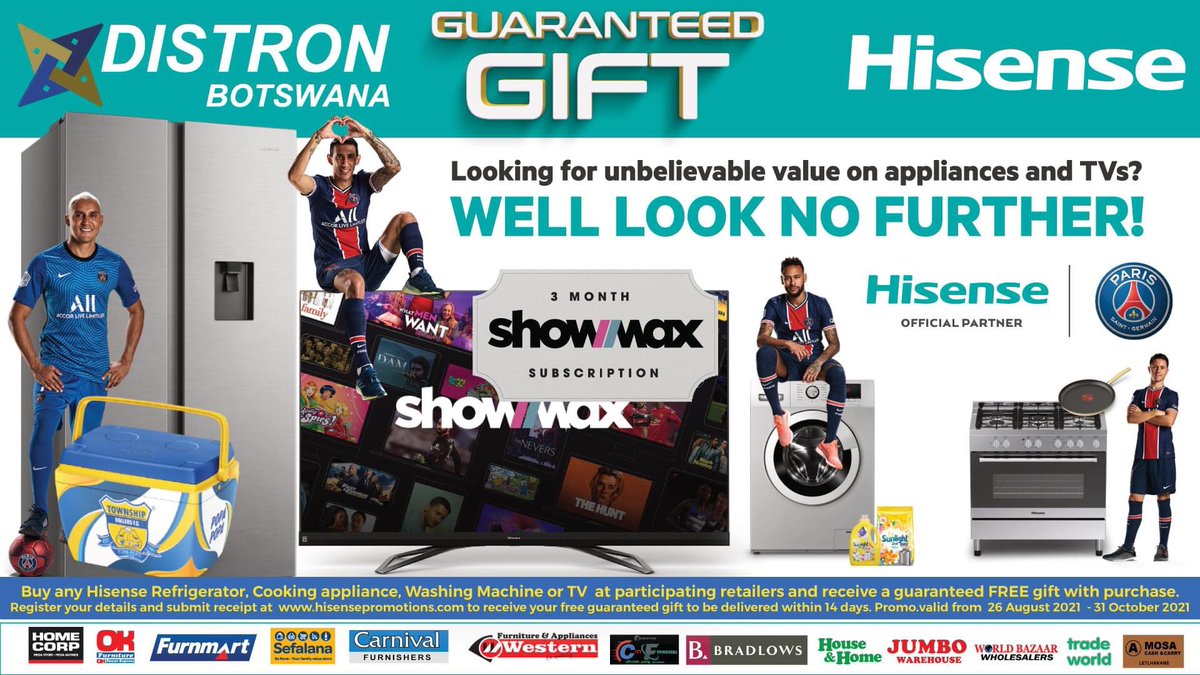 rollersfc's tweet image. Our Electronics Appliances Partners Distron Botswana are happy to announce Specials on Hisense Electronic Appliances...

Buy any Hisense Refrigerator, Cooking appliance, Washing Machine or TV at participating retailers and receive a guaranteed FREE gift with purchase.