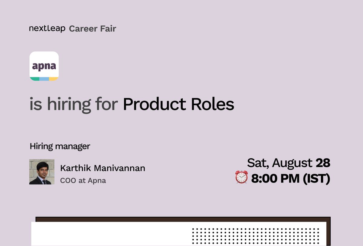 yourNextLeap's tweet photo. If you want to change the lives of billions globally by connecting people with opportunities, @apnahq might be the perfect product for you! 🙌🏼

Attend the session and hear @karthk, COO at Apna, explain why is this a great opportunity for your career growth! 👇 https://t.co/29BavGubQ8