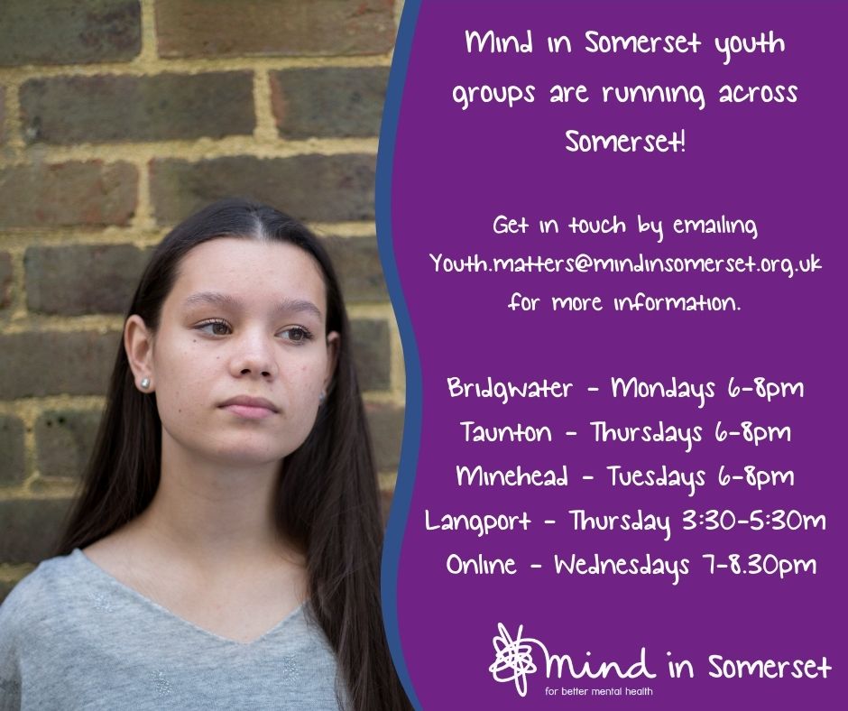 Did you know  Youth Matters  runs groups across Somerset?
The informal and confidential groups are for members to support each other, learn tools to improve self-confidence and cope with life’s ups and downs.
Youth.matters@mindinsomerset.org.uk
ow.ly/p9P450FXJm7