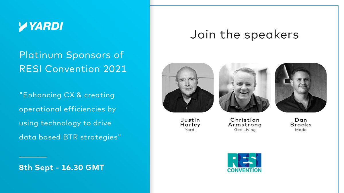 Join Yardi's Justin Harley, Christian Armstrong of Get Living and Dan Brooks of Moda 8 Sept for their panel discussion at Property Week's #RESIConvention in person and online.

Find out more at bit.ly/3y8Hl9b.

#BTR #Residential #PropertyWeek