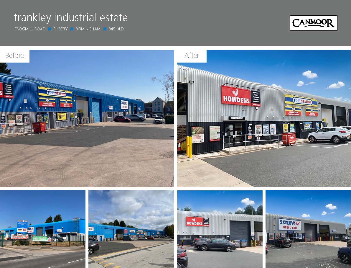 Frankley Industrial Estate- Respray 
Canmoor is excited to announce the completion of the Respray of Units 1-4 and 18-23, the front two terraces at Frankley Industrial Estate. The work undertaken has further modernised the asset and implement it as the premier estate in Frankley
