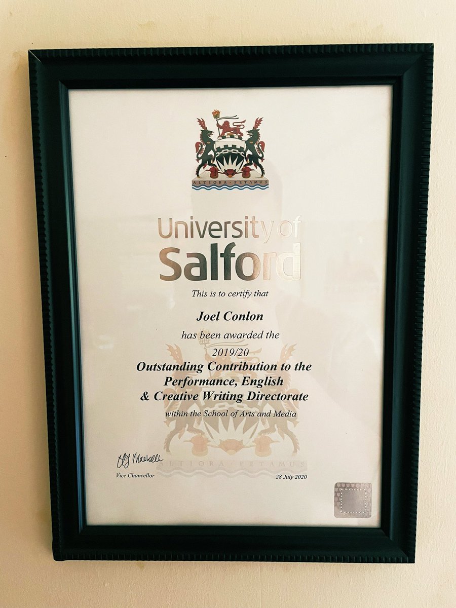joelconlon's tweet image. Don’t post much on the twitterverse but thought this was worth it. Absolutely honoured to have been awarded “Outstanding Contribution to the Performance, English and Creative Writing Directorate” for the year 19/20! Thanks so much🙌🏻 @SalfordUni @UoS_Students @BA_Performance