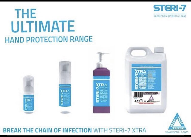 SentinelMedical's tweet image. #Steri7Xtra disinfectant &amp;amp; hand sanitiser range, for ultimate protection that can be used on all surfaces and protects you between cleans. Our sanitiser is alcohol free to avoid irritation whilst keeping the highest standard of protection 
#Steri7Xtra #disinfectant #handsanitiser