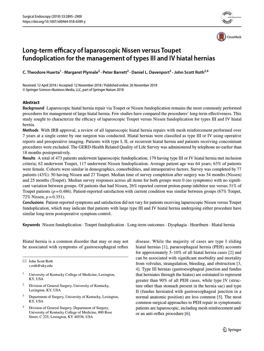 Long-term efficacy of laparoscopic Nissen versus Toupet fundoplication for the management of types III and IV hiatal hernias #MISIRGlobalSurgery #SoMe4Surgery