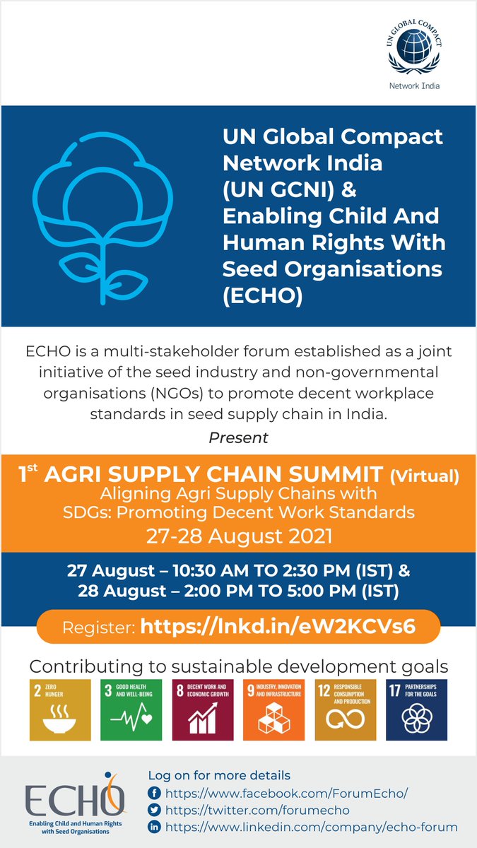 ForumEcho's tweet photo. @GCNIndia &amp; @ForumEcho present the 
1st #AgriSupplyChainSummit2021 (virtual) on 27-28 Aug 2021 Aligning #agrilsupplychain with the 
@SustDev promoting #decentworkstandards 
Register: https://t.co/3ghiDYcBLP https://t.co/uoDd66mGXy