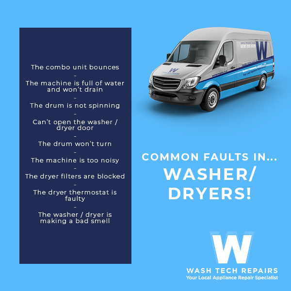 WashTechRepairs's tweet photo. If you're experiencing any of these common washer dryer faults, please don't hesitate to ask our engineers for help!

📞 0330 205 0220 or book a repair online: https://t.co/Rix8CjWiO4 
 
#WasherDryer #washerdryerRepair #WashTechRepairs #HomeApplianceRepair #Worcestershire https://t.co/EVchW2ZRLH