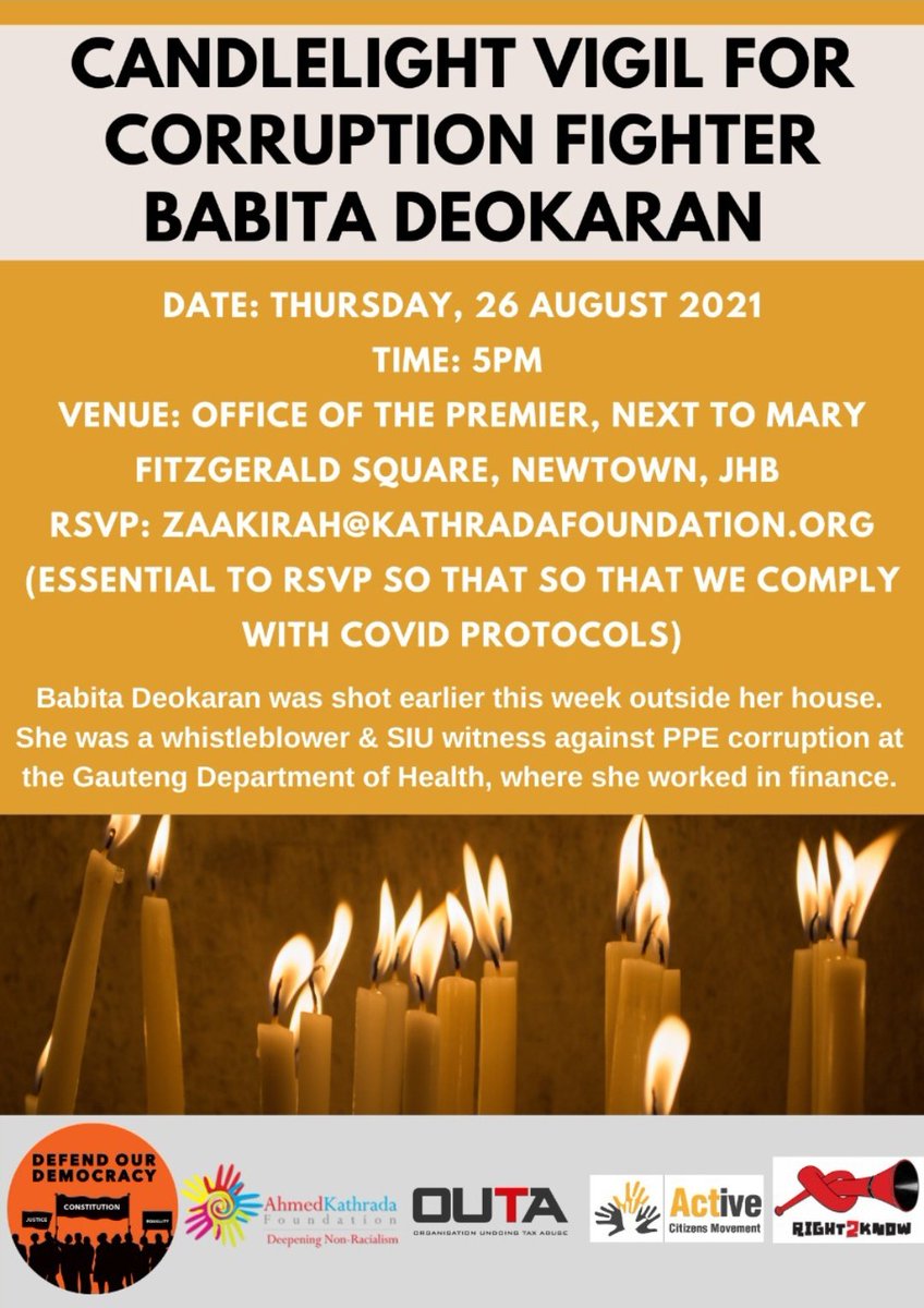 OUTASA's tweet image. If you can, please join the vigil for #BabitaDeokaran outside @GautengHealth offices where massive #PPEcorruption happened. Babita was brave enough to expose it and paid with her life. #Covid19protocols will apply.