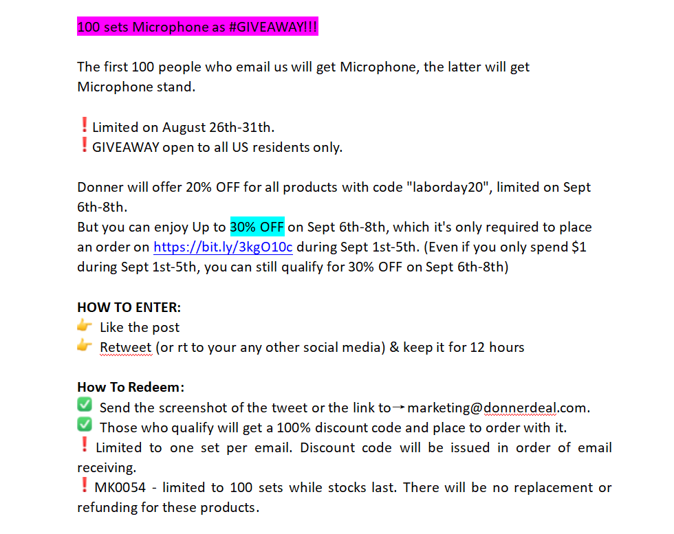 100 sets Microphone as #GIVEAWAY
The first 100 people who email us will get Microphone, the latter will get Microphone stand.
You can enjoy Up to 30% OFF on Sept 6th-8th which it's only required to place an order on bit.ly/3kgO10c during Sept 1st-5th.
#guitar #ukulele