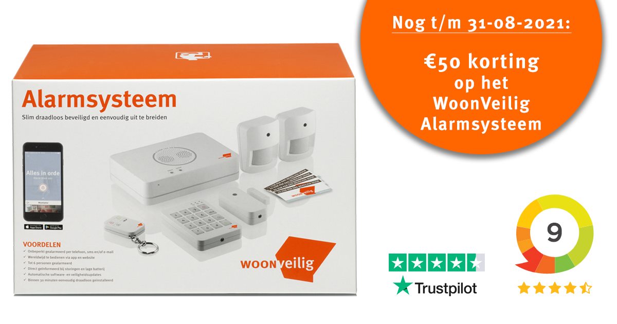 Let op: profiteer nog t/m 31 augustus aanstaande van €50 korting op het WoonVeilig Alarmsysteem!
Bestel het meest gekozen slimme alarmsysteem vandaag nog van €299 voor slechts €249: woonveilig.nl/shop