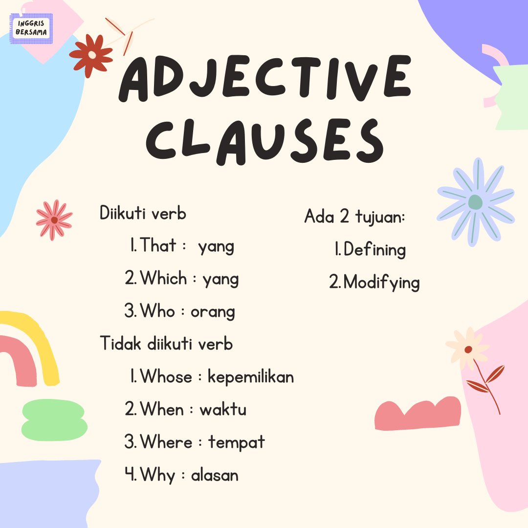 inggrisbersama's tweet image. who whose whom which that bedanya apasihhh aaaaaa pusinggg😭😭

eitsss tenang fwenss, bedainnya gampang banget kok! sini kita bahas satu-persatu ya

Adjective Clauses Full Guide special buatmuu~

- a thread