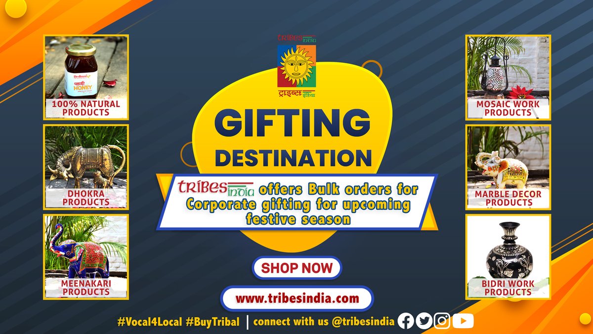 <a href="/tribesindia/">TRIBES INDIA</a> could be your one stop gifting destination. We are accepting bulk orders for the upcoming festive season. Get the customised gift packs for your clients &amp; employees from Tribes India store or tribesindia.com.

#Vocal4Local #BuyTribal